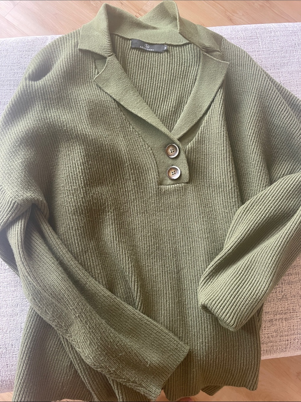 Relaxed Olive V-Neck Polo Sweater with Button Placket